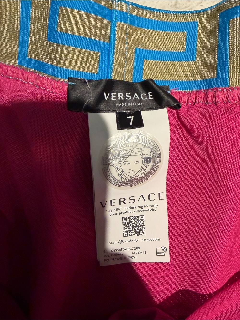 Versace Pink Athletic Shorts with Blue Greek-Key Waistband - Picture 2 of 2